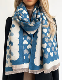 LARGE TEAL HEART PRINT REVERSIBLE CASHMERE WINTER SHAWL BLANKET SCARF