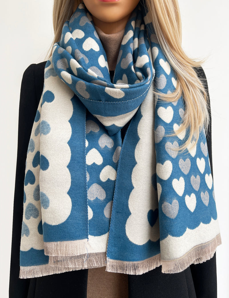 LARGE TEAL HEART PRINT REVERSIBLE CASHMERE WINTER SHAWL BLANKET SCARF