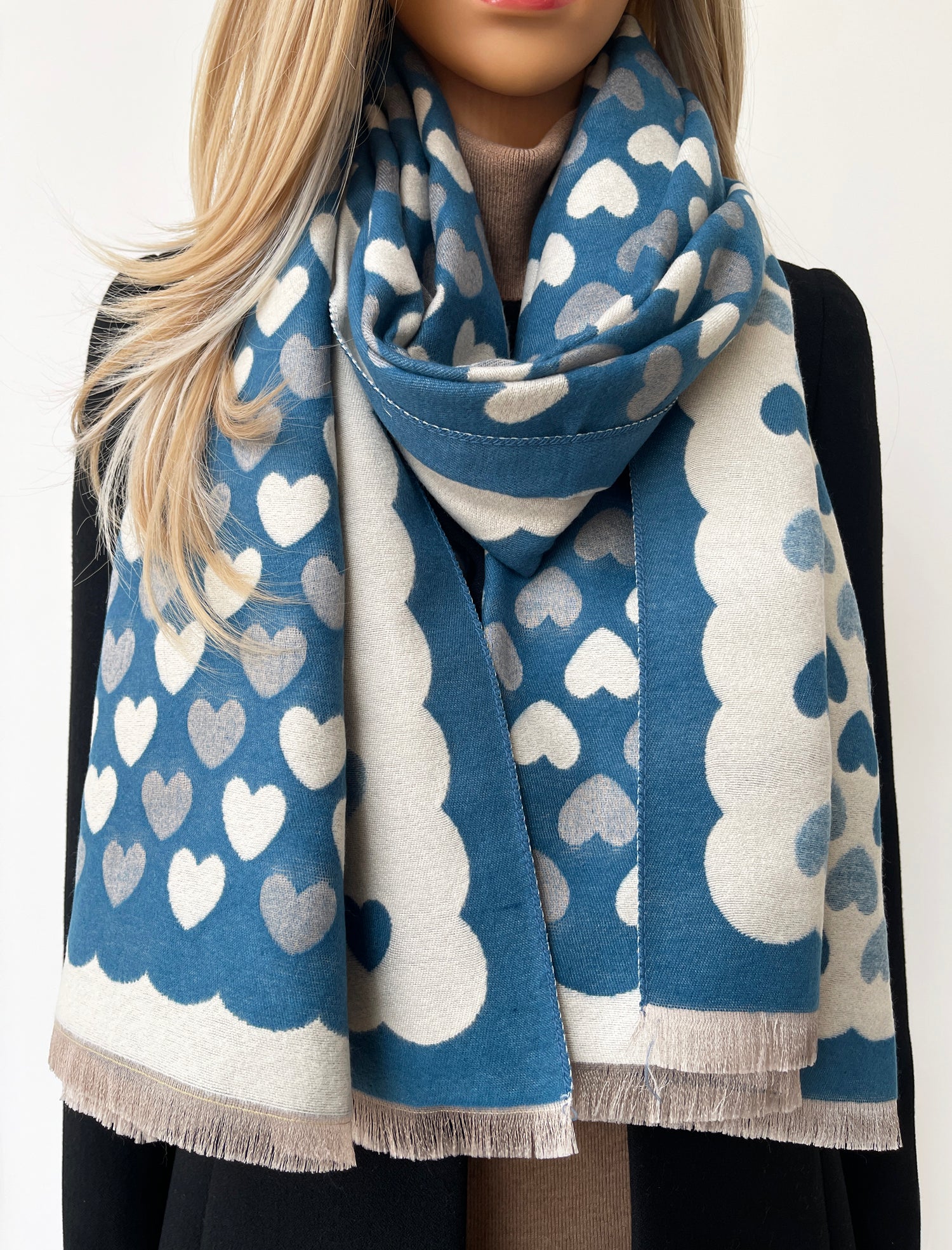 LARGE TEAL HEART PRINT REVERSIBLE CASHMERE WINTER SHAWL BLANKET SCARF