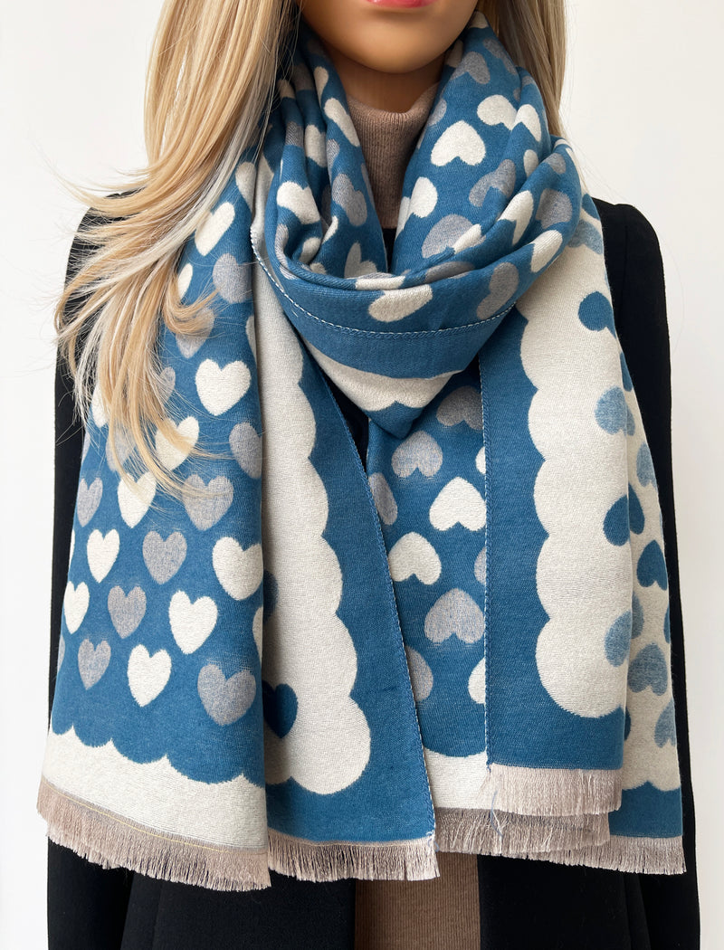 LARGE TEAL HEART PRINT REVERSIBLE CASHMERE WINTER SHAWL BLANKET SCARF