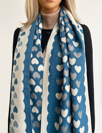LARGE TEAL HEART PRINT REVERSIBLE CASHMERE WINTER SHAWL BLANKET SCARF