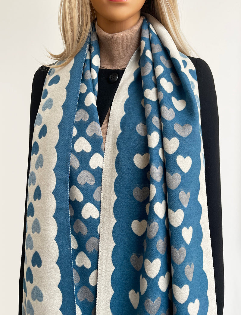 LARGE TEAL HEART PRINT REVERSIBLE CASHMERE WINTER SHAWL BLANKET SCARF