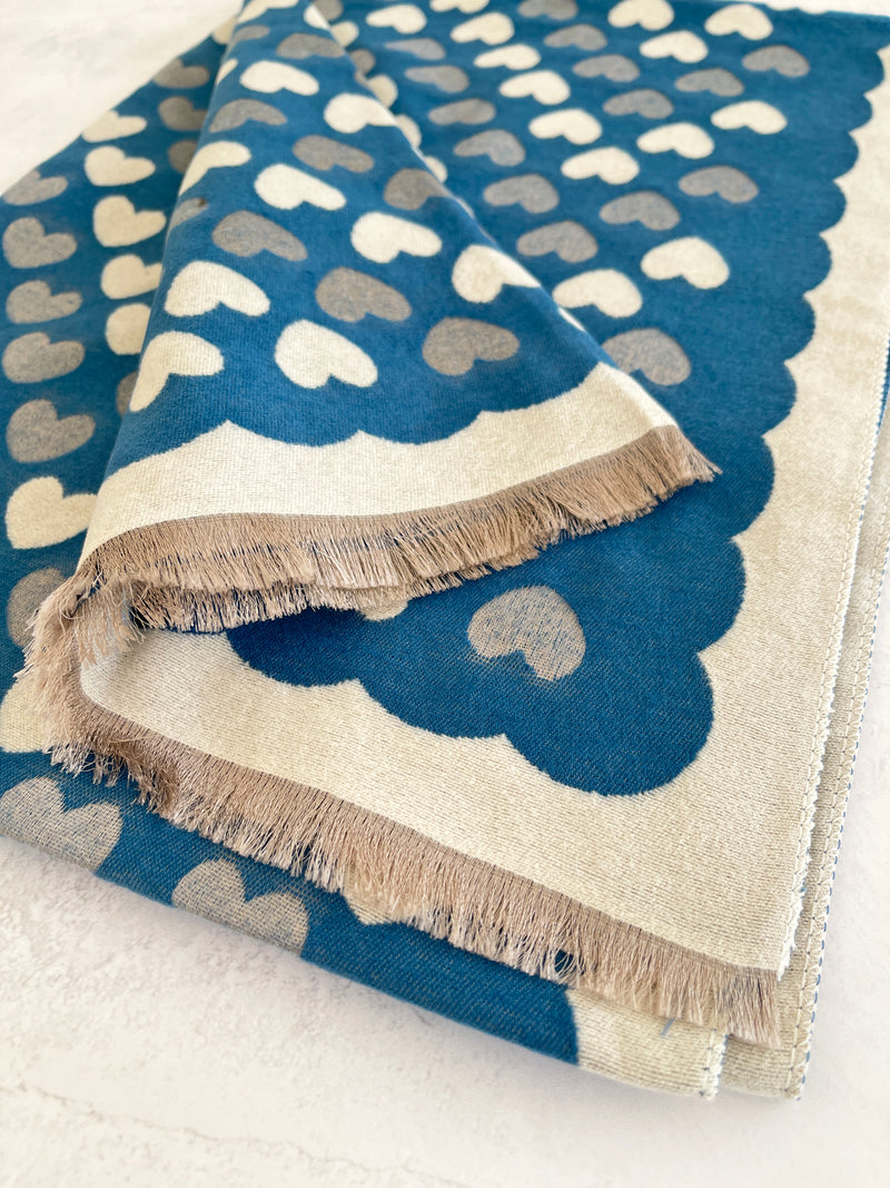 LARGE TEAL HEART PRINT REVERSIBLE CASHMERE WINTER SHAWL BLANKET SCARF
