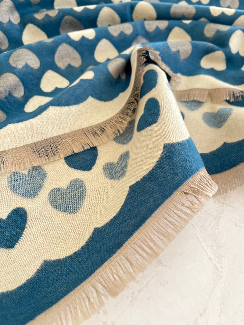 LARGE TEAL HEART PRINT REVERSIBLE CASHMERE WINTER SHAWL BLANKET SCARF