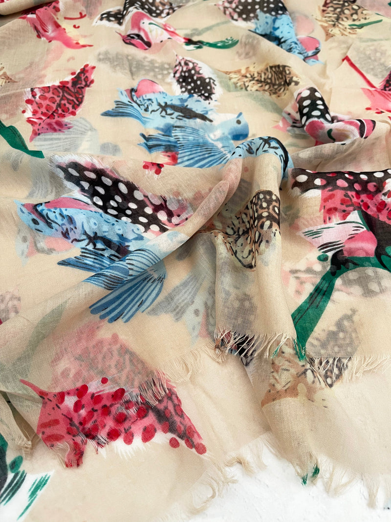 LIGHTWEIGHT BEIGE BIRDS AND FEATHERS SCARF