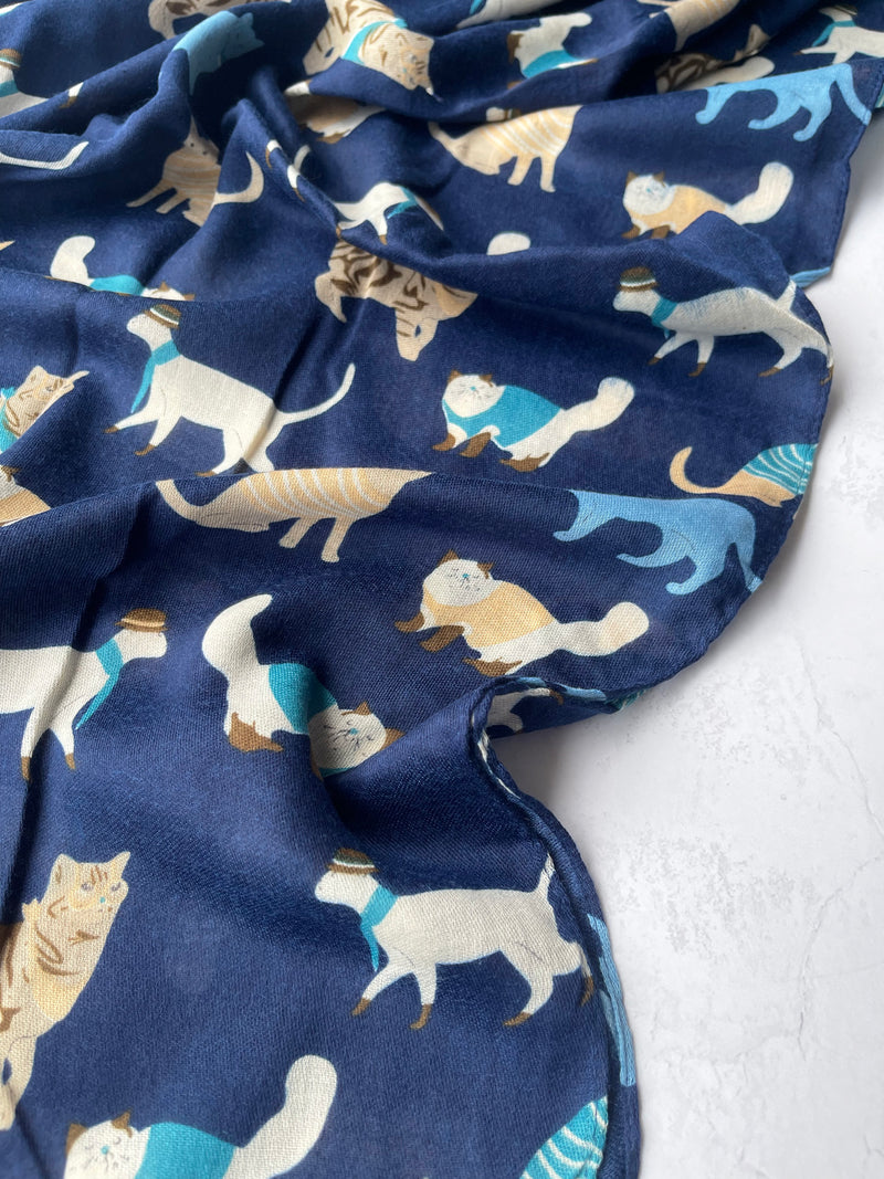 LIGHTWEIGHT BLUE SCARF WITH CATS