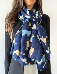 LIGHTWEIGHT BLUE SCARF WITH CATS