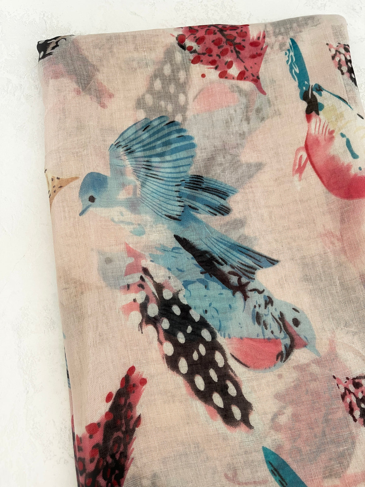 LIGHTWEIGHT BLUSH PINK BIRDS AND FEATHERS SCARF