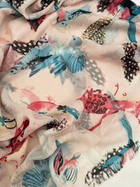 LIGHTWEIGHT BLUSH PINK BIRDS AND FEATHERS SCARF