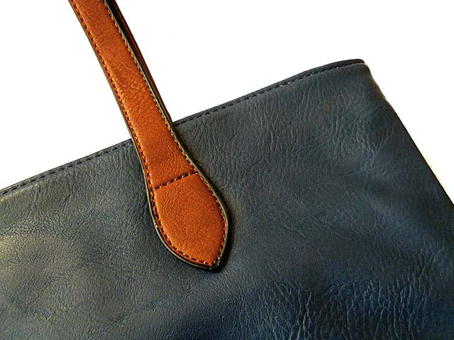 LIGHTWEIGHT NAVY BLUE FAUX LEATHER TOTE HANDBAG