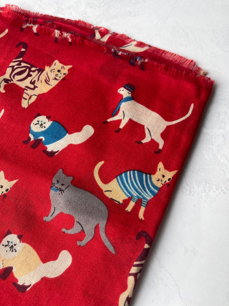 LIGHTWEIGHT RED SCARF WITH CATS