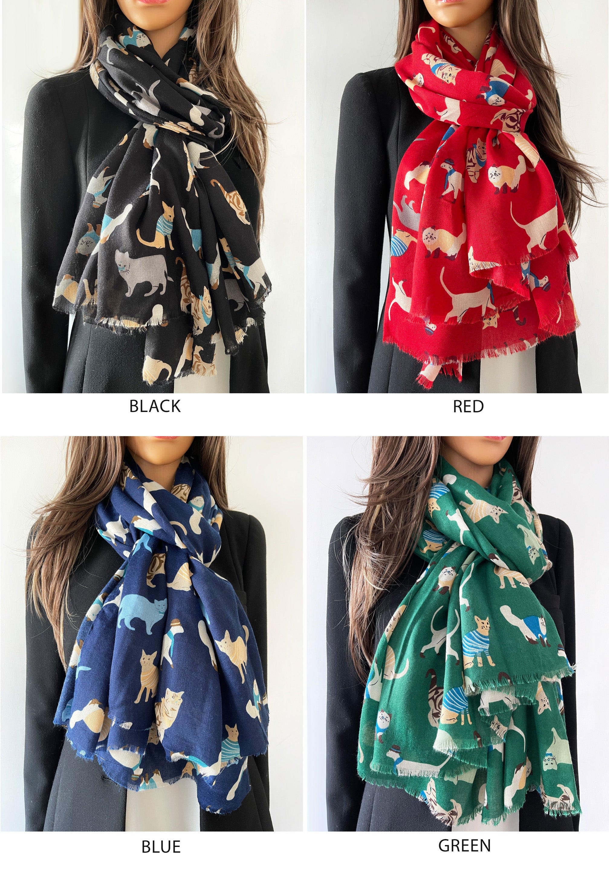 LIGHTWEIGHT BLUE SCARF WITH CATS