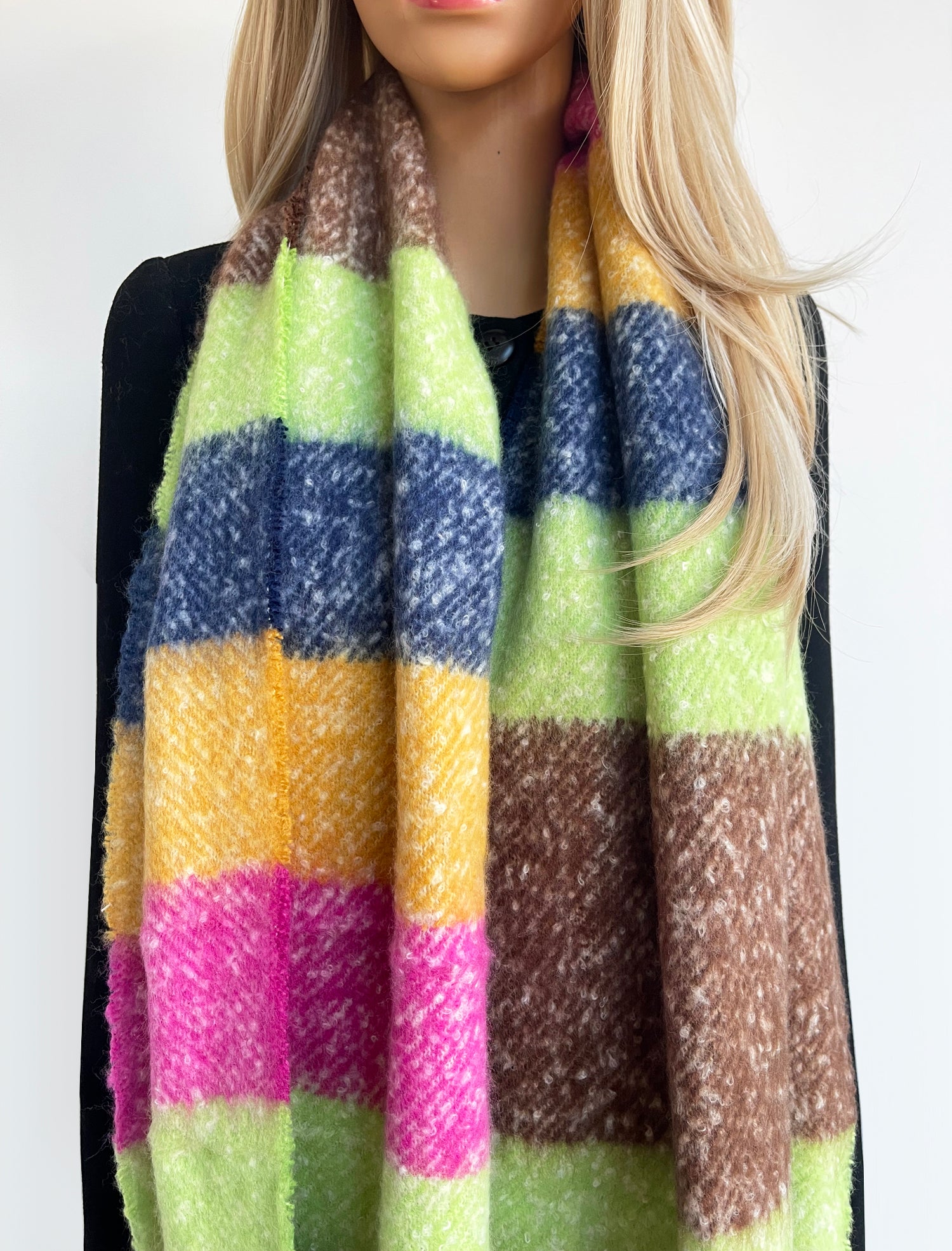 LIME STRIPED WOOL BLANKET SCARF OVERSIZED WINTER SHAWL WRAP