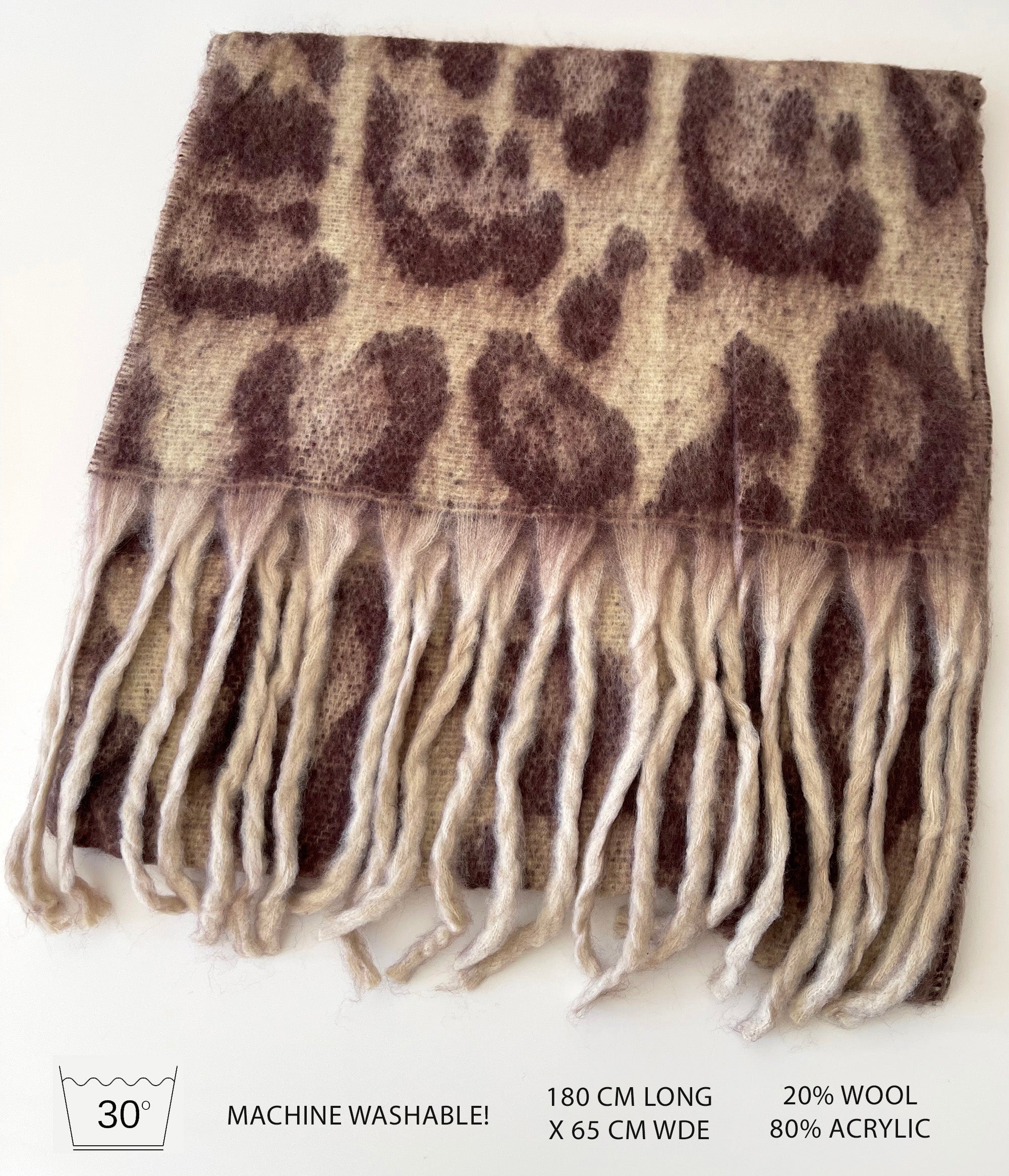 LONG BEIGE WOOL MIX FLUFFY OVERSIZED LEOPARD PRINT SCARF