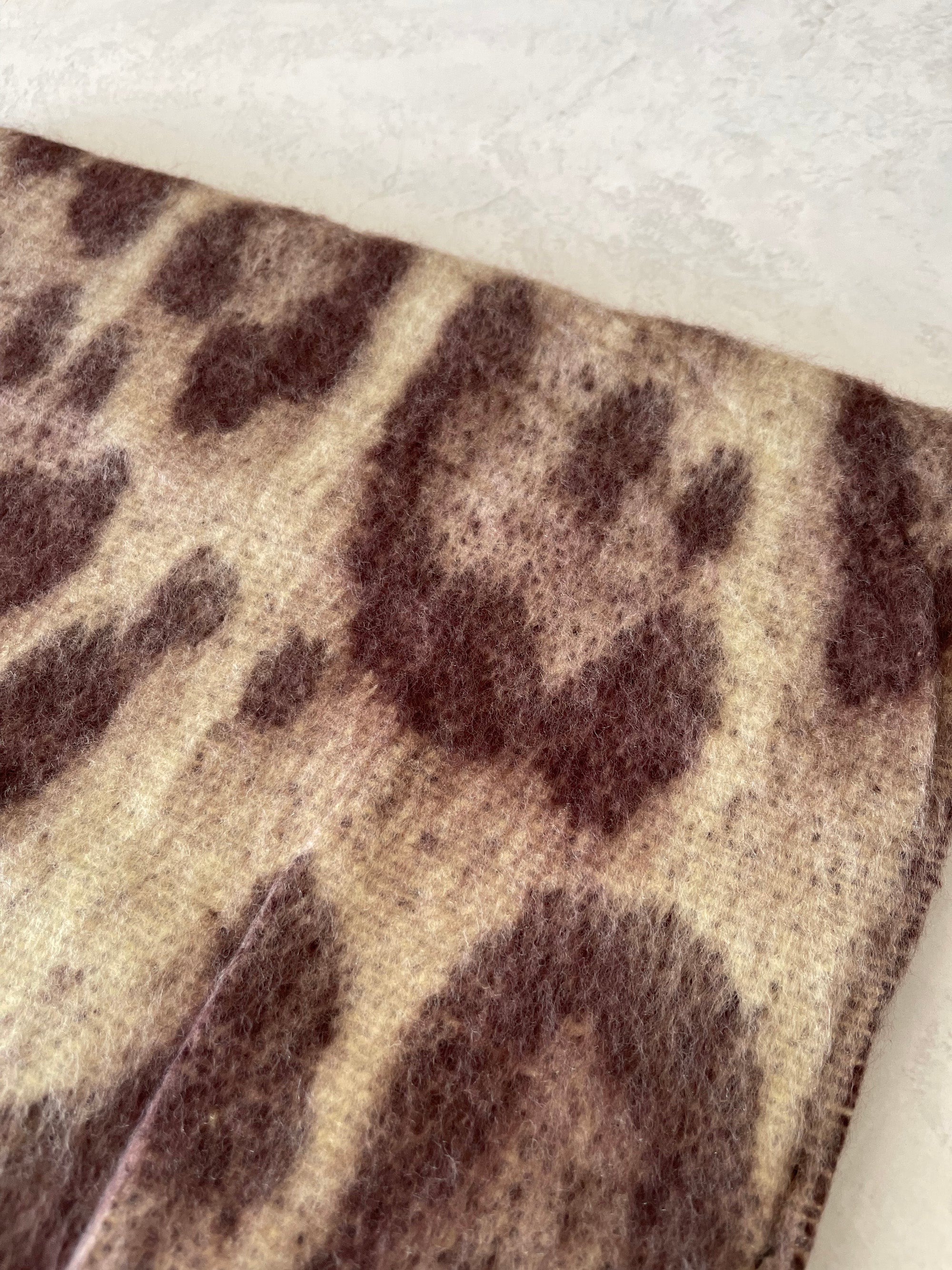 LONG BEIGE WOOL MIX FLUFFY OVERSIZED LEOPARD PRINT SCARF