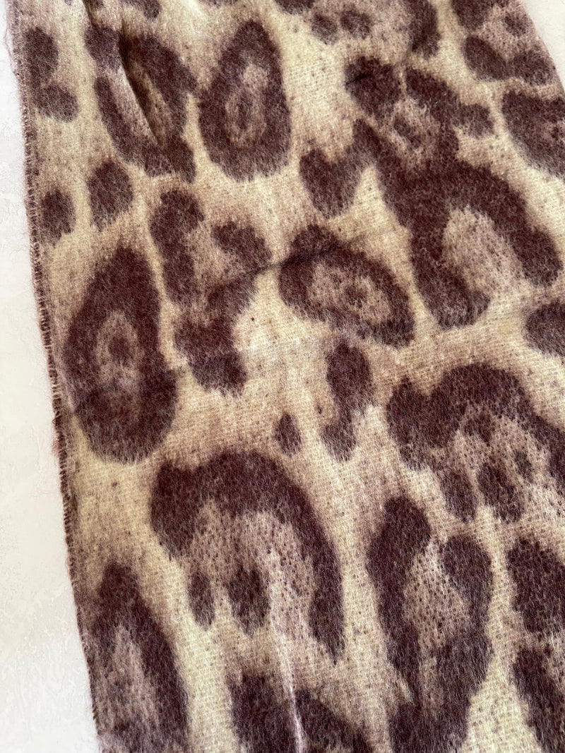 LONG BEIGE WOOL MIX FLUFFY OVERSIZED LEOPARD PRINT SCARF