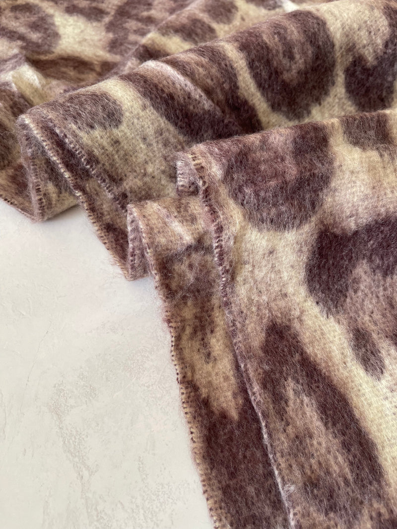 LONG BEIGE WOOL MIX FLUFFY OVERSIZED LEOPARD PRINT SCARF