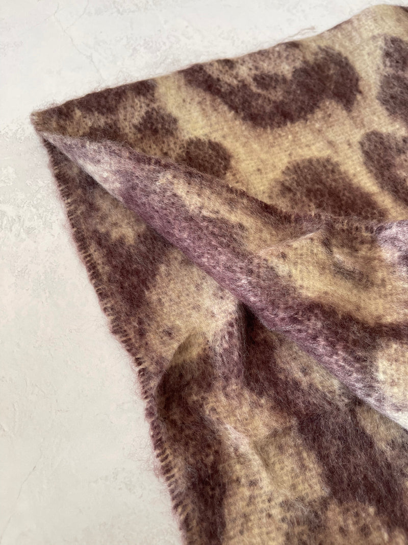 LONG BEIGE WOOL MIX FLUFFY OVERSIZED LEOPARD PRINT SCARF