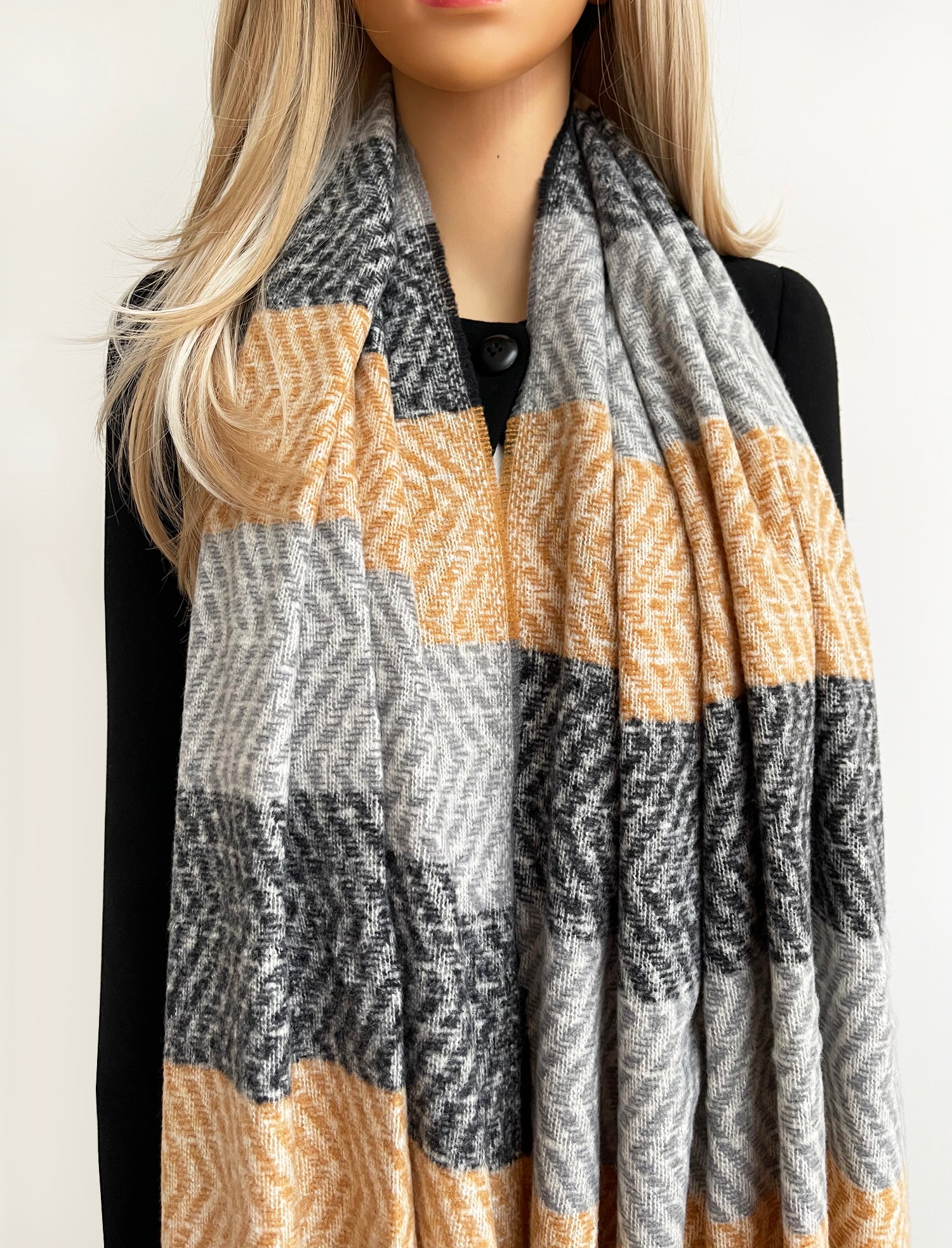 LONG BLACK GREY WOOL BLEND STRIPED SCARF