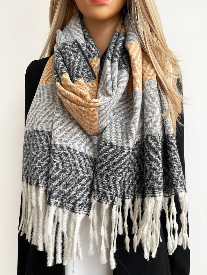 LONG BLACK GREY WOOL BLEND STRIPED SCARF