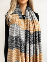 LONG BLACK GREY WOOL BLEND STRIPED SCARF