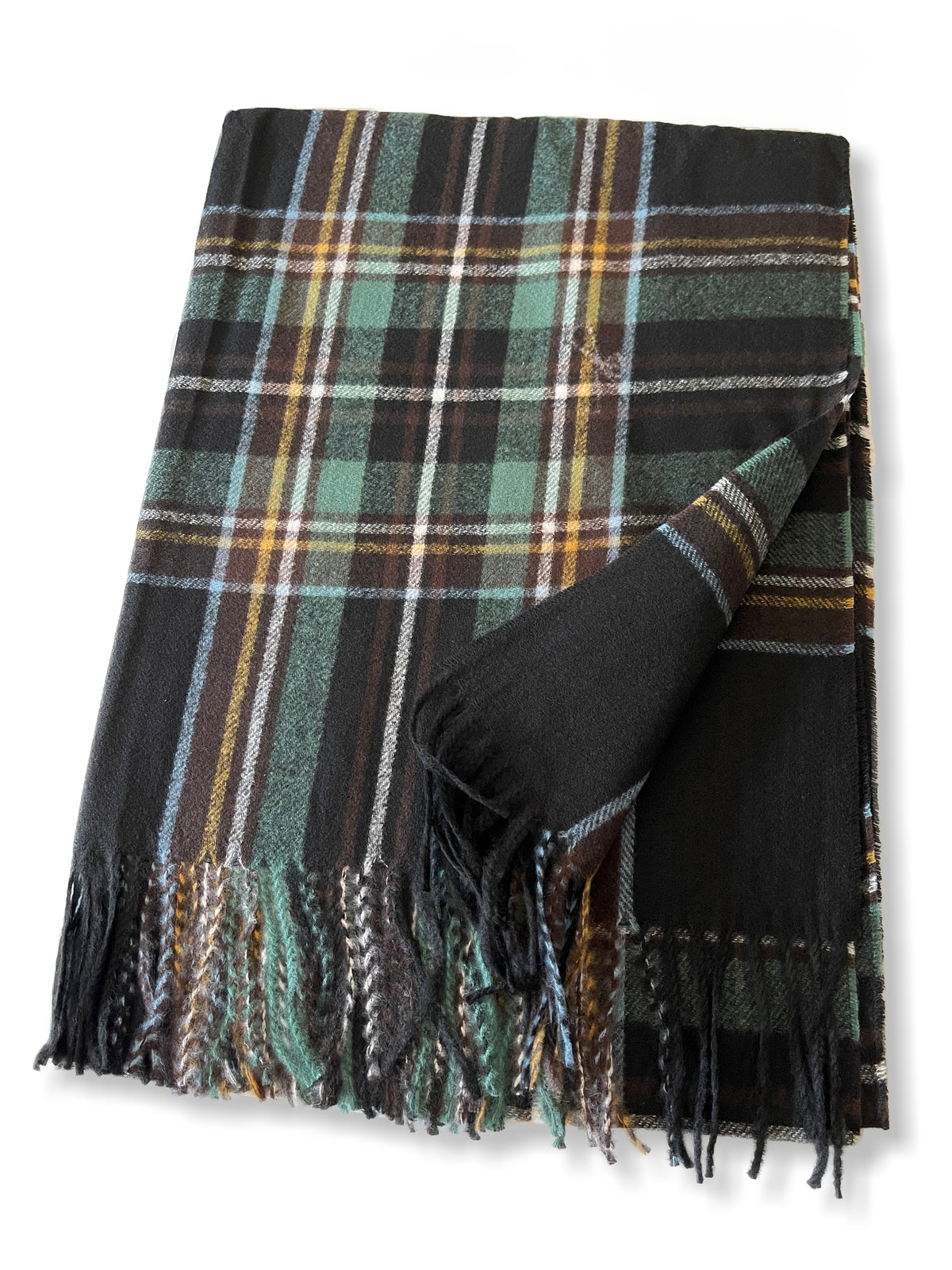 LONG BLACK WOOL MIX CHECKED TARTAN SCARF