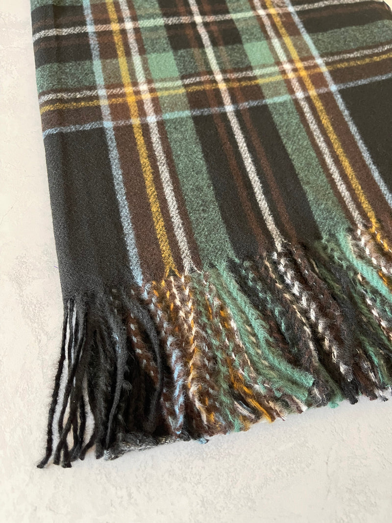 LONG BLACK WOOL MIX CHECKED TARTAN SCARF