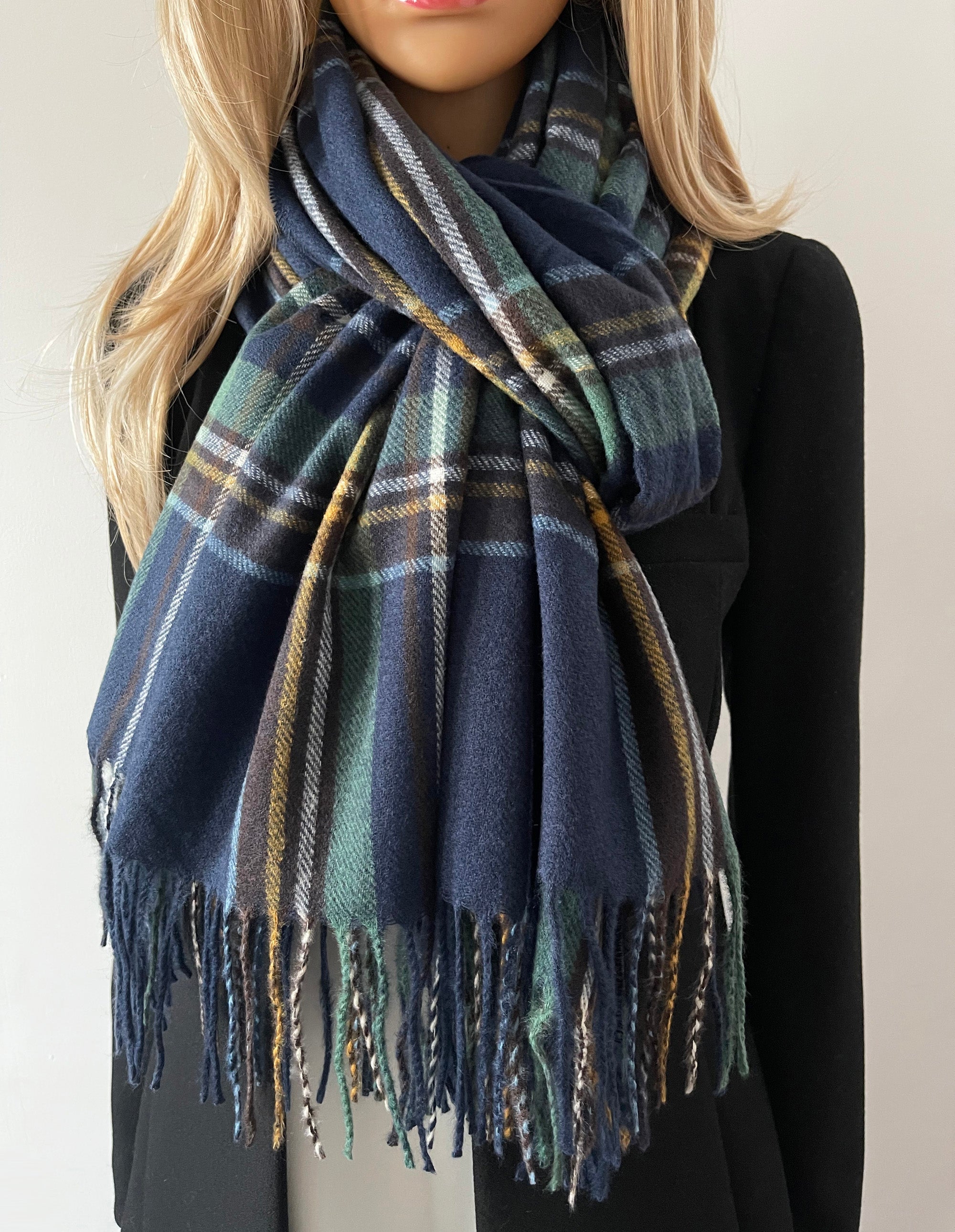 LONG BLUE WOOL MIX CHECKED TARTAN SCARF