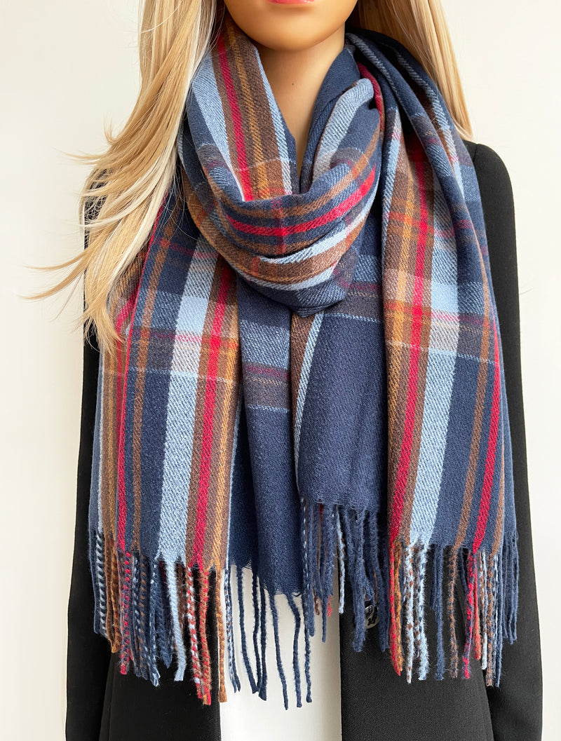 LONG BLUE WOOL MIX CHECKED TARTAN SCARF