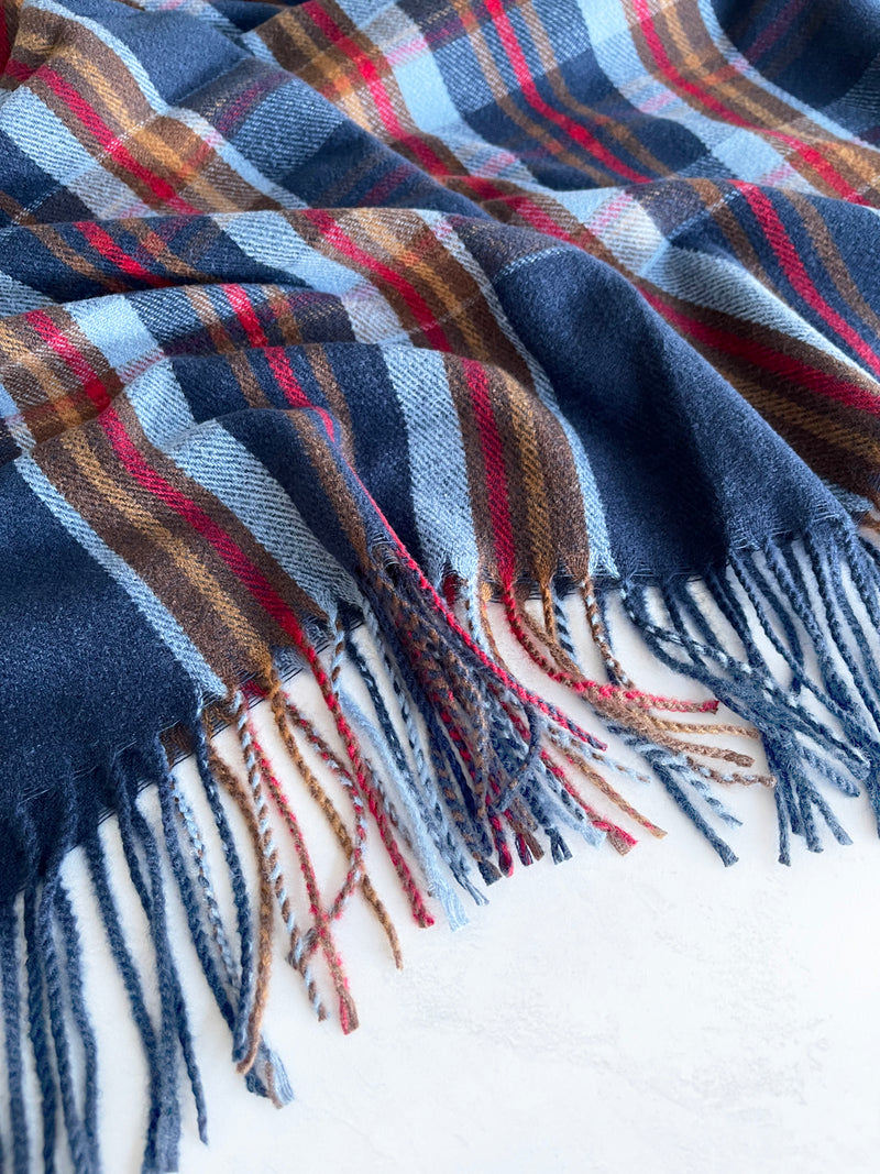 LONG BLUE WOOL MIX CHECKED TARTAN SCARF