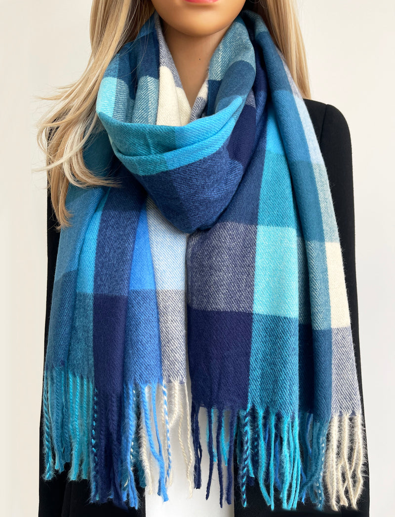 LONG BLUE WOOL MIX CHECKED TARTAN SCARF