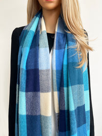 LONG BLUE WOOL MIX CHECKED TARTAN SCARF