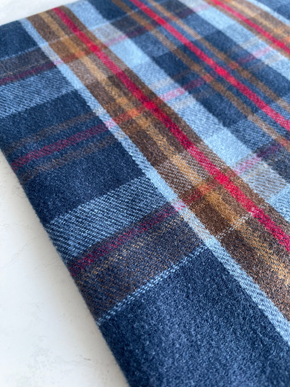 LONG BLUE WOOL MIX CHECKED TARTAN SCARF