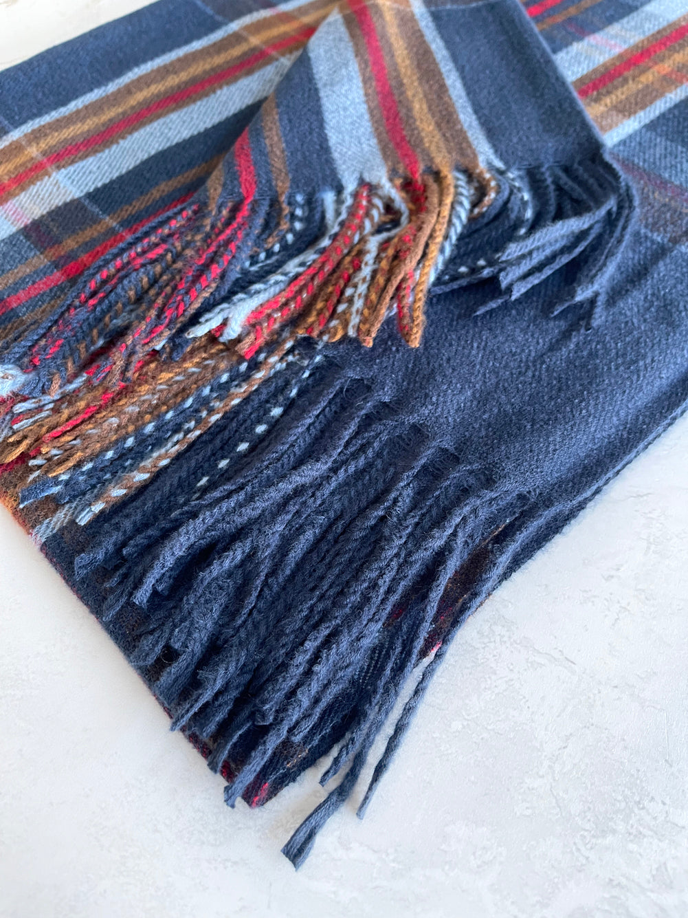 LONG BLUE WOOL MIX CHECKED TARTAN SCARF