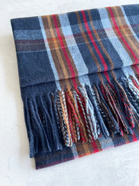 LONG BLUE WOOL MIX CHECKED TARTAN SCARF