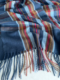 LONG BLUE WOOL MIX CHECKED TARTAN SCARF