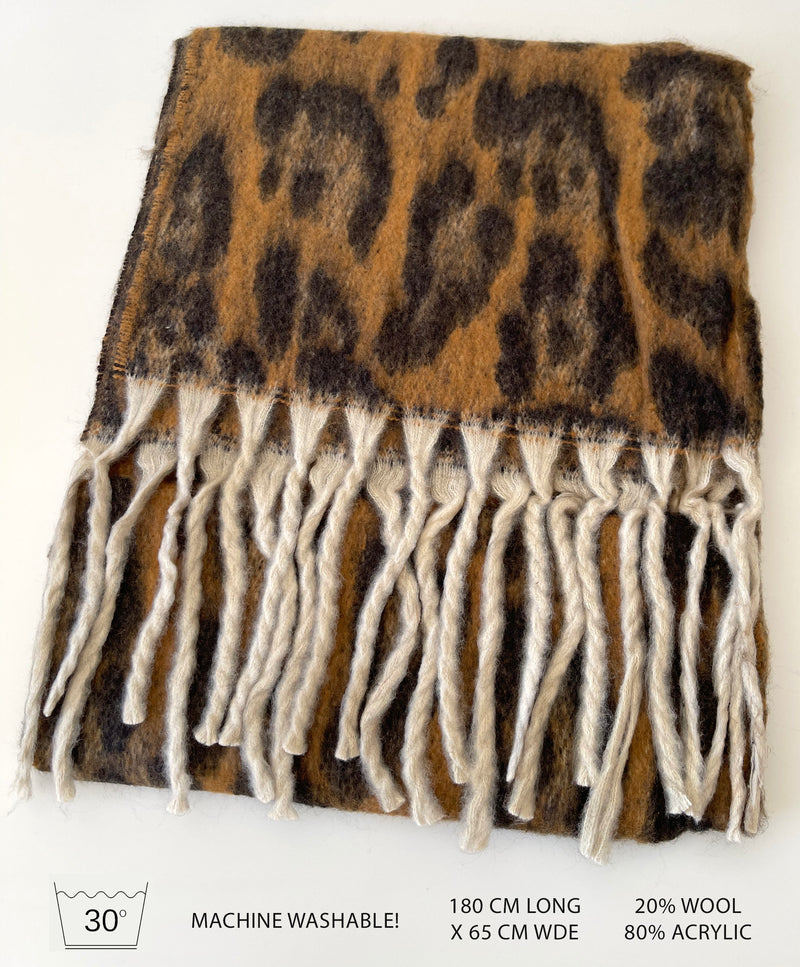 LONG BROWN WOOL MIX FLUFFY OVERSIZED LEOPARD PRINT SCARF