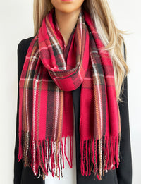 LONG DEEP RED WOOL MIX CHECKED TARTAN SCARF