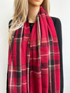 LONG DEEP RED WOOL MIX CHECKED TARTAN SCARF