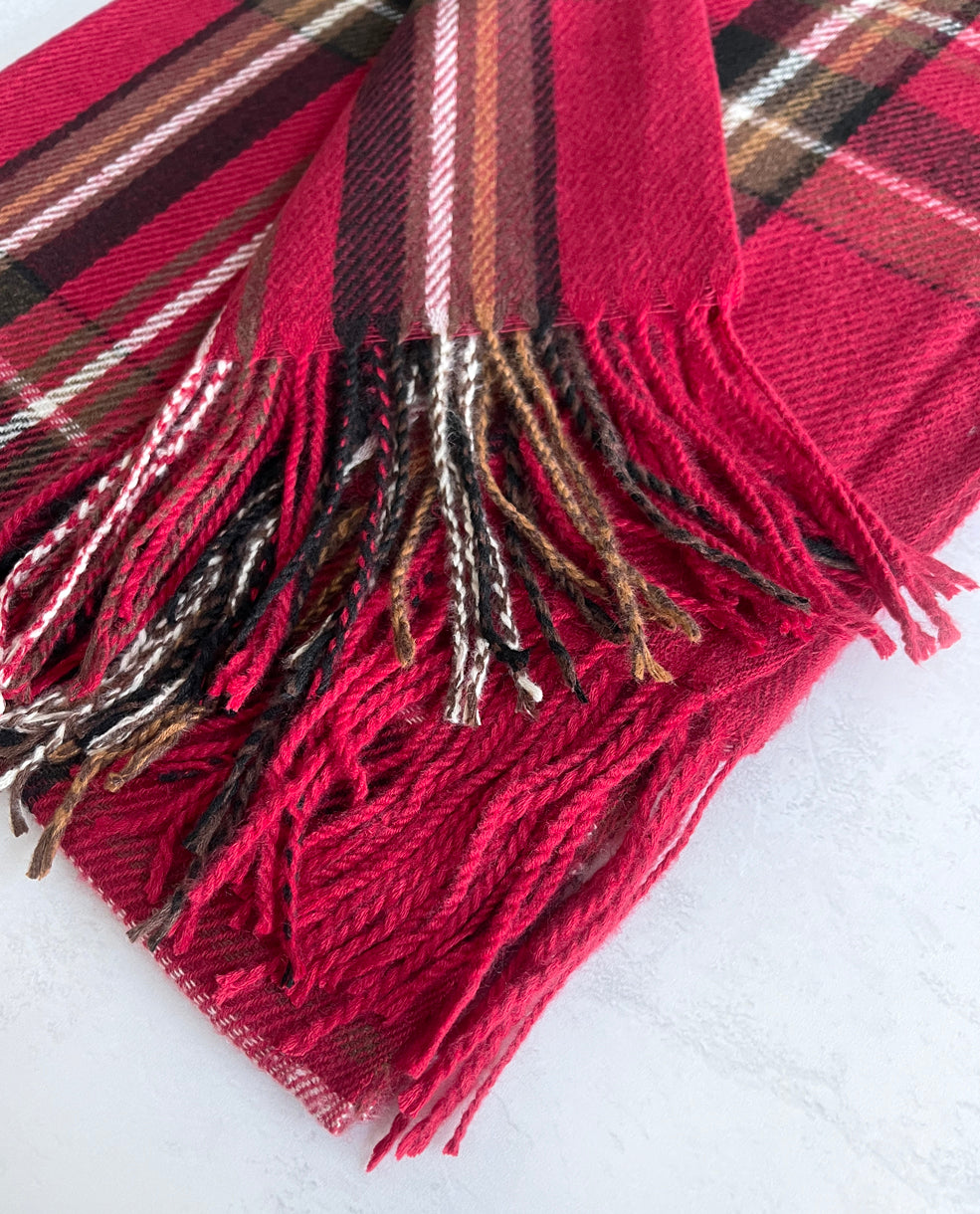 LONG DEEP RED WOOL MIX CHECKED TARTAN SCARF