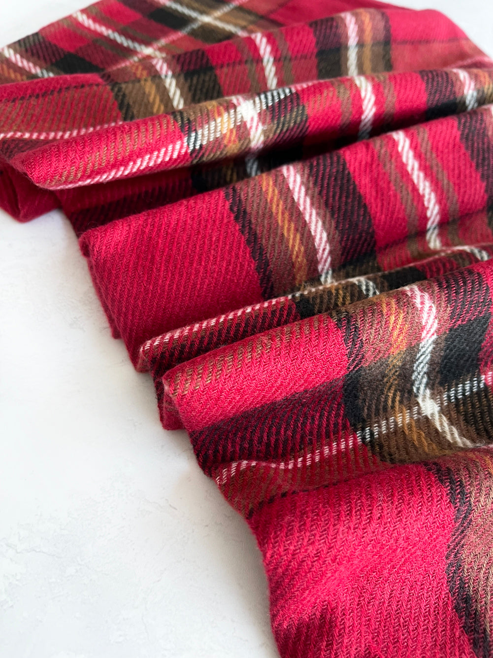 LONG DEEP RED WOOL MIX CHECKED TARTAN SCARF