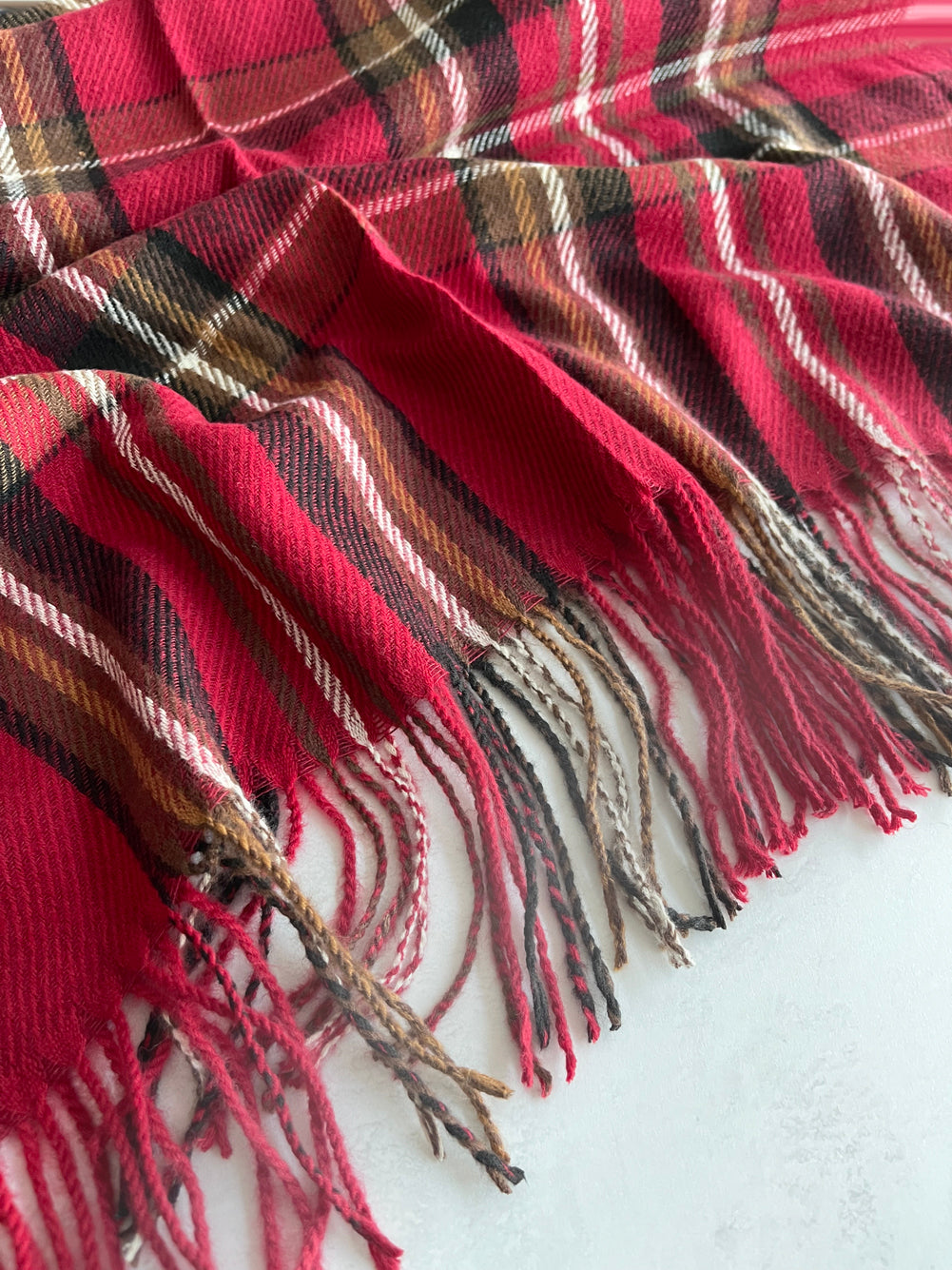 LONG DEEP RED WOOL MIX CHECKED TARTAN SCARF