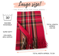 LONG DEEP RED WOOL MIX CHECKED TARTAN SCARF