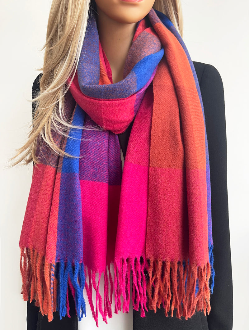 LONG FUCHSIA BLUE WOOL MIX CHECKED TARTAN SCARF