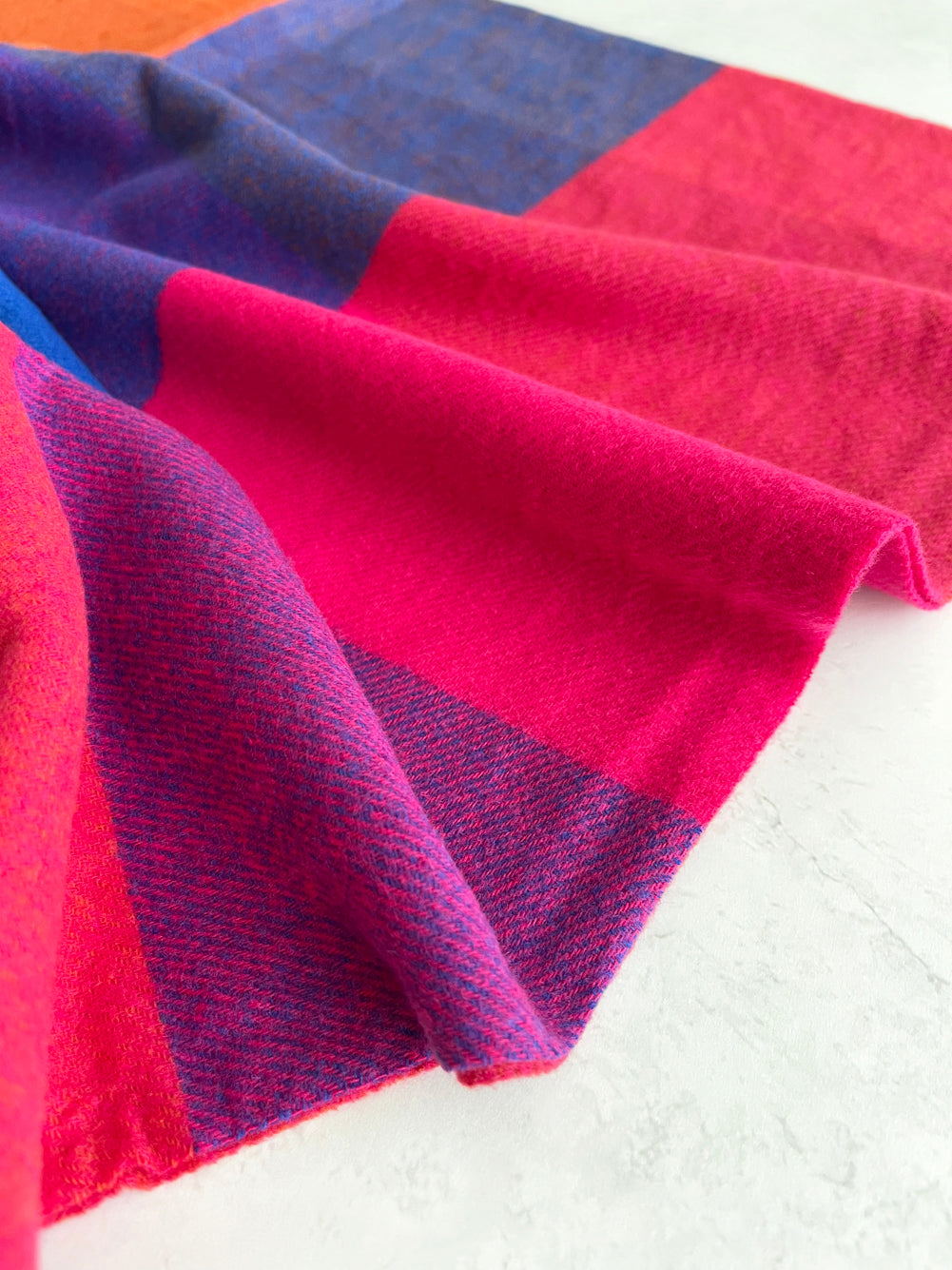 LONG FUCHSIA BLUE WOOL MIX CHECKED TARTAN SCARF