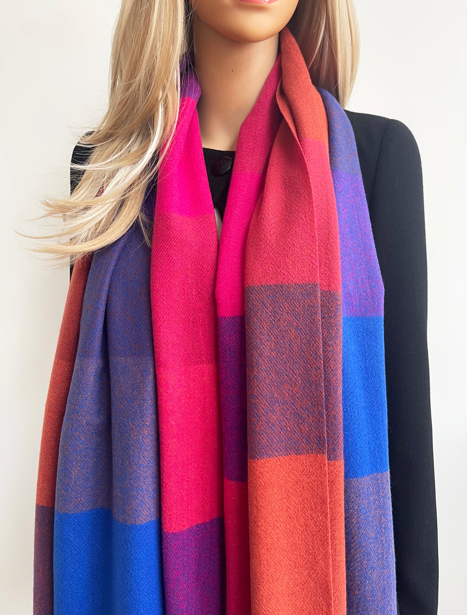 LONG FUCHSIA BLUE WOOL MIX CHECKED TARTAN SCARF