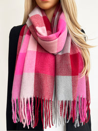 LONG FUCHSIA PINK WOOL MIX CHECKED TARTAN SCARF