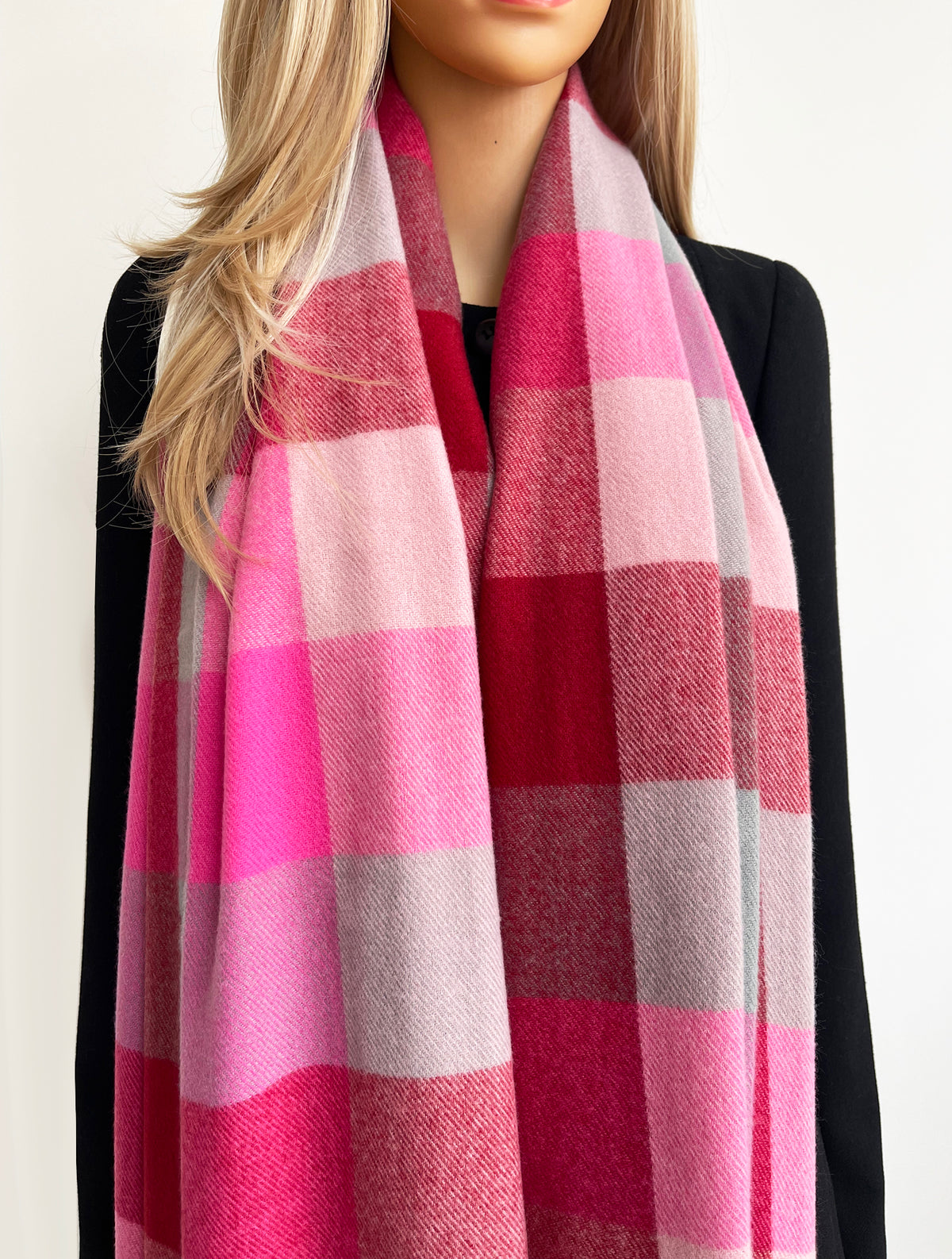 LONG FUCHSIA PINK WOOL MIX CHECKED TARTAN SCARF