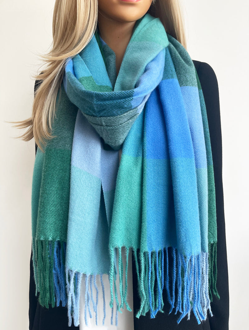 LONG GREEN BLUE WOOL MIX CHECKED TARTAN SCARF