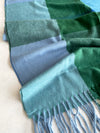 LONG GREEN BLUE WOOL MIX CHECKED TARTAN SCARF